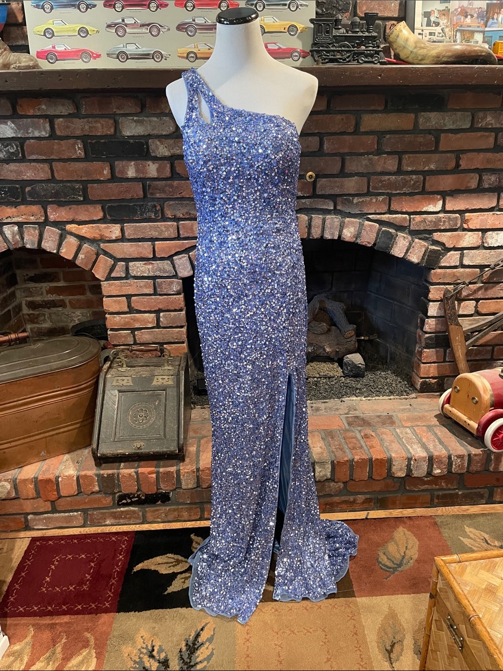 Primavera One-Shoulder Sequin Evening Dress in Periwinkle size 12